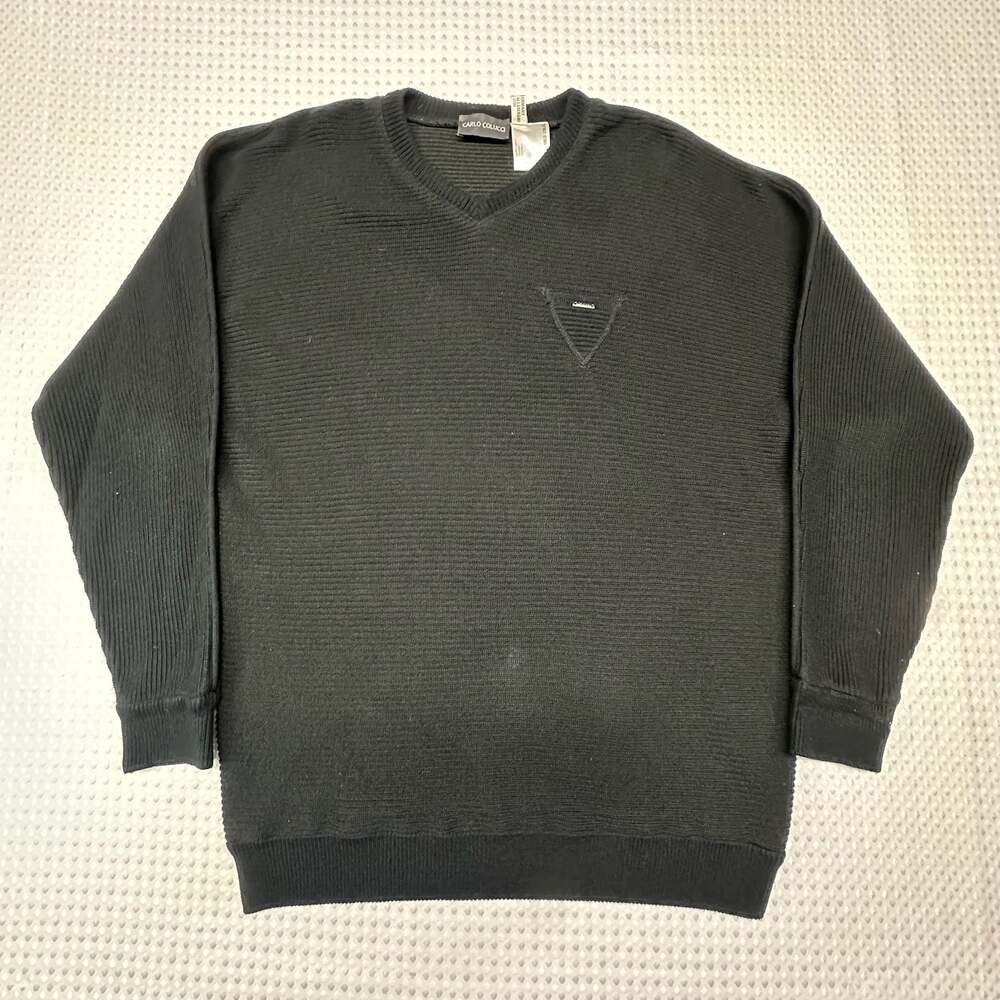 Vintage Carlo Colucci Mens Black Ribbed V-Neck Cotton Blend Sweater Size 5